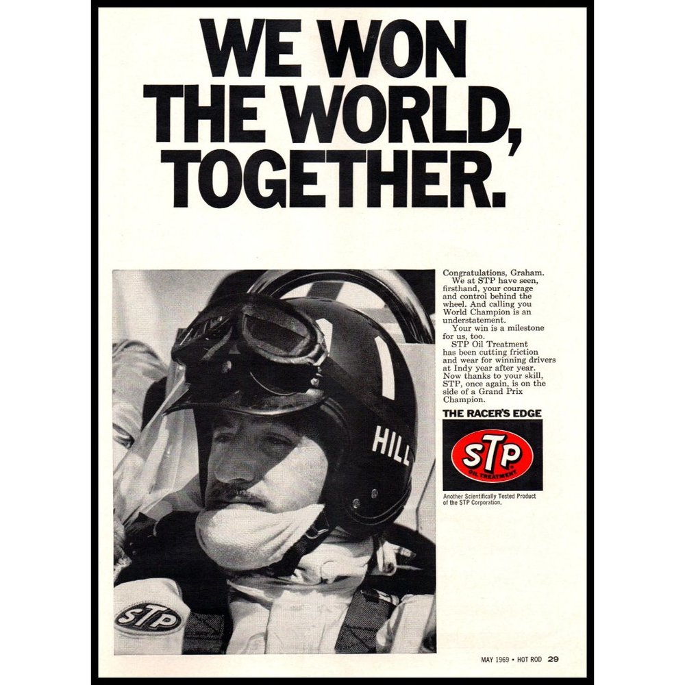 1969 STP Oil Treatment Vintage Print Ad Grand Prix Champion Wall Art Photo